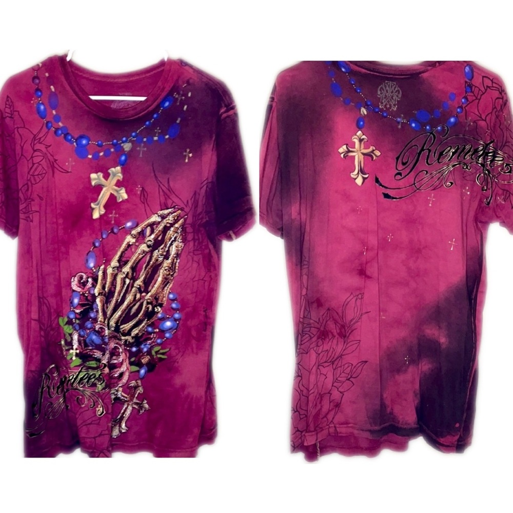 Men’s Remetee by Affliction T-Shirt The Buckle (Burgundy with skeleton hand)